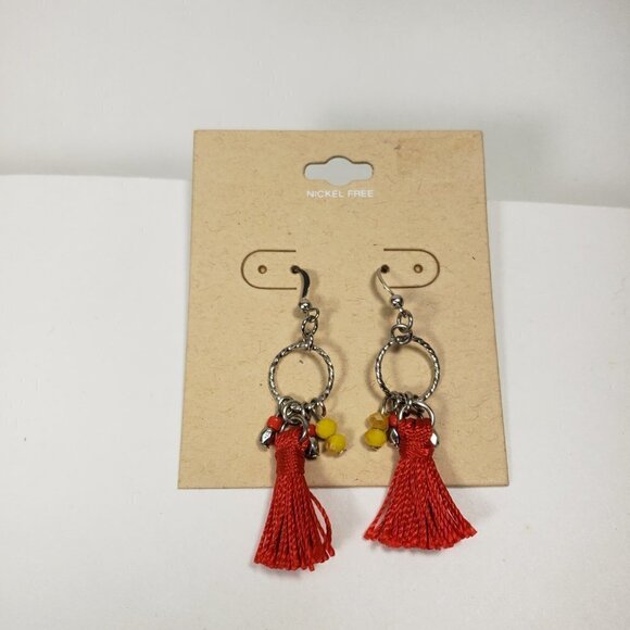 Silver tone Hoop Red Tassel Beaded  Drop Dangle Earrings - Picture 3 of 6